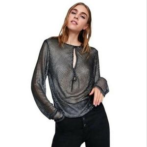 Zara Circular Womens Black Metallic Silver Long Sleeve Mesh Top Size S